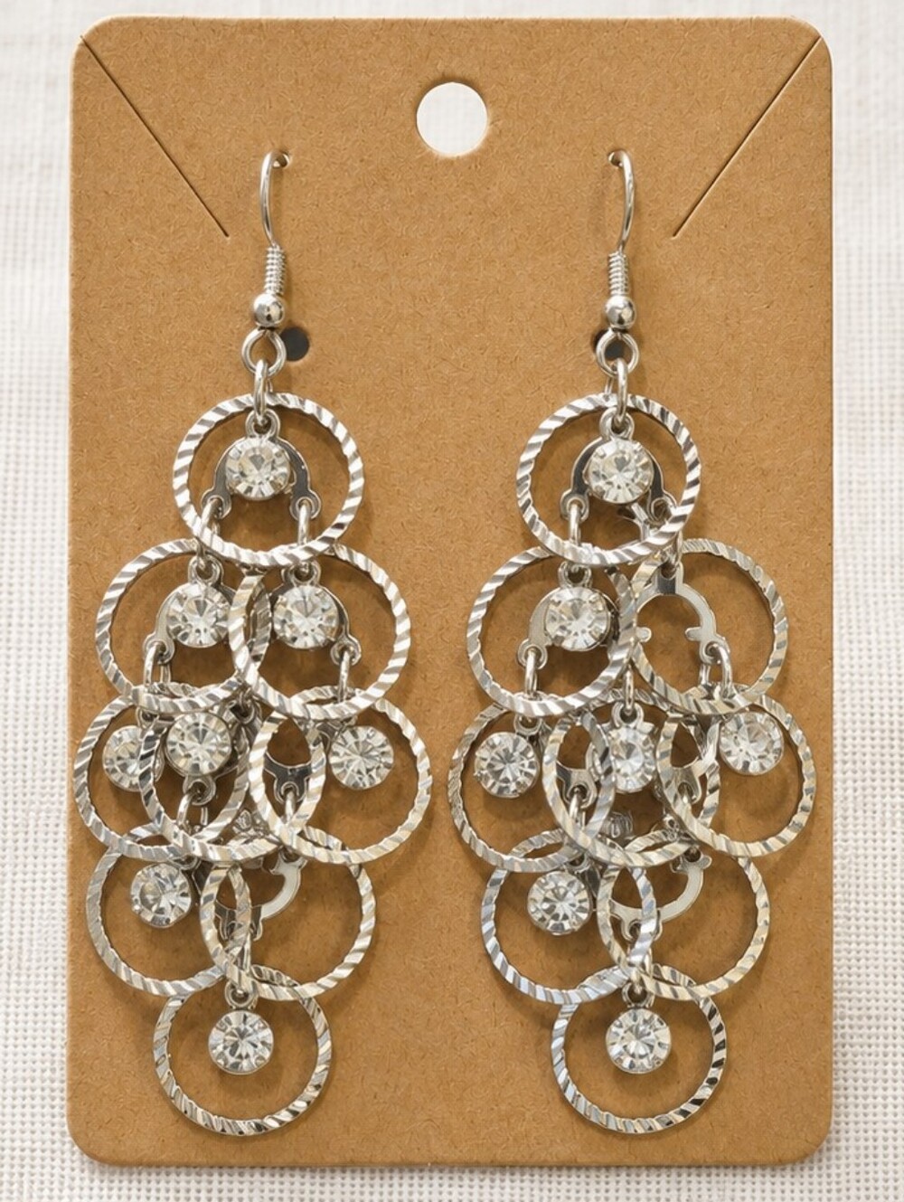 Silver Rhinestone Textured Interlocking Circles Chandelier Earrings Silver Toned